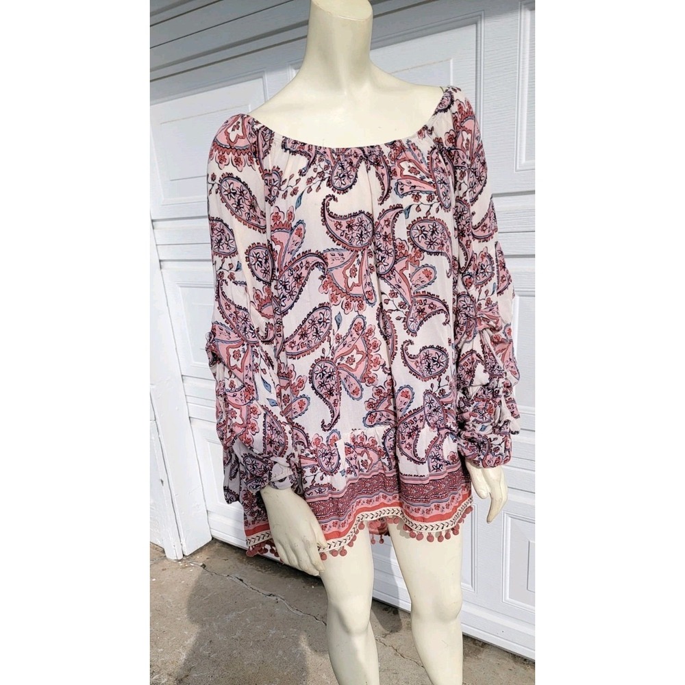 Democracy Scoop Neck Boho Peasant Paisley Print Balloon Sleeve Pom Hem Blouse 3X